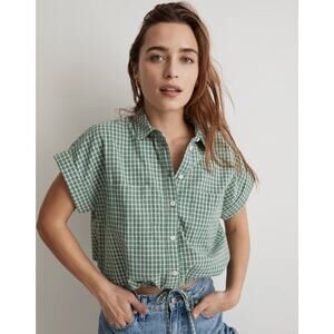 Madeweell Button-Up Shirt Women's Small Green Yarn-Dyed Plaid Cotton Drawstring
